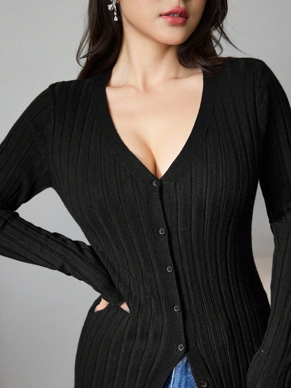 Modely cardigan casual largo de un solo botonadura de unicolor y manga larga para mujer, otono/invierno