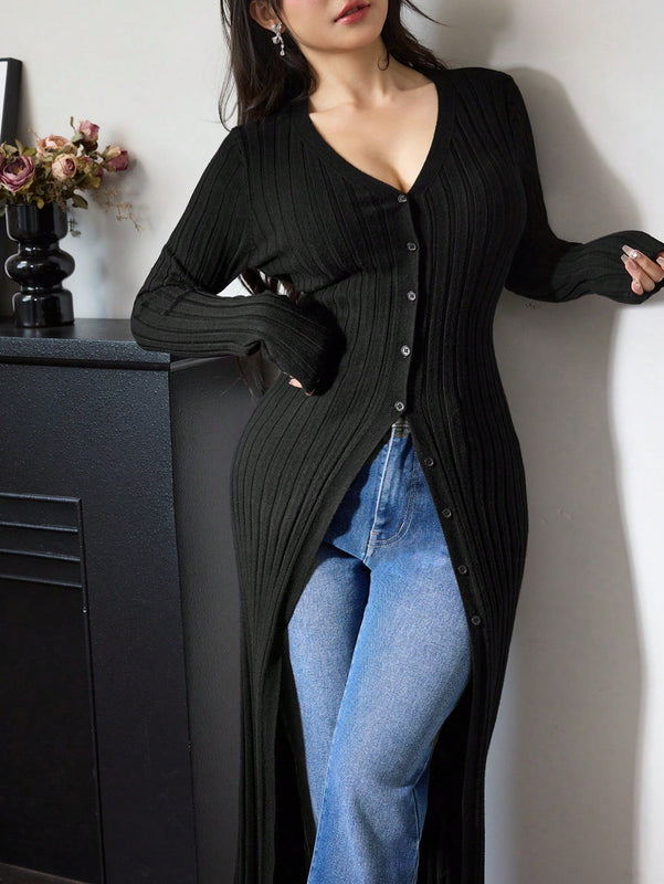 Modely cardigan casual largo de un solo botonadura de unicolor y manga larga para mujer, otono/invierno