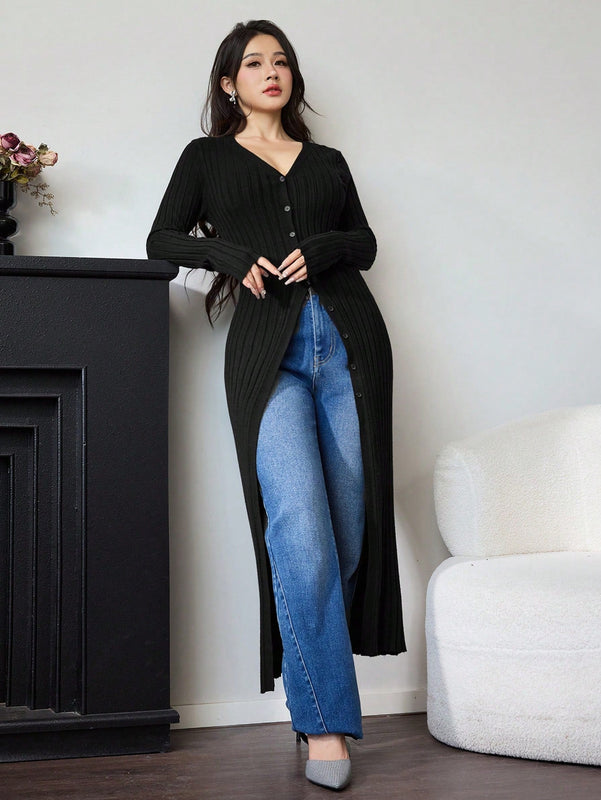 Modely cardigan casual largo de un solo botonadura de unicolor y manga larga para mujer, otono/invierno