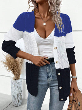 Lune cardigan con parches de colores contrastantes, informal y de moda para uso diario