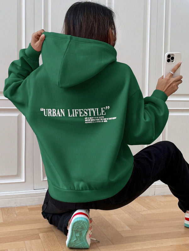Ezwear sudadera con capucha de punto de manga larga con caida en los hombros y estampado de lema, otono/invierno para mujer