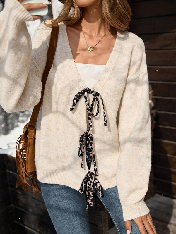 Vcay cardigan estampado de leopardo con nudo delantero en cuello en v vintage para mujer, uso casual de vacaciones, otono/invierno
