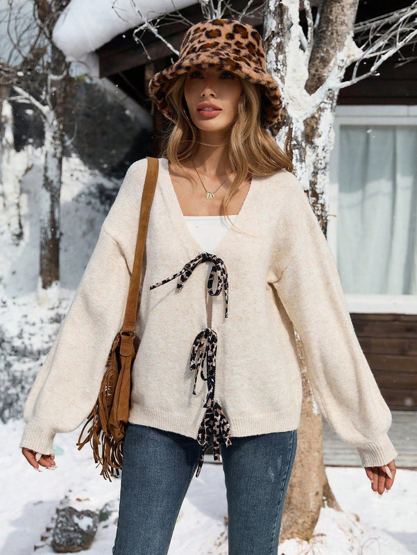 Vcay cardigan estampado de leopardo con nudo delantero en cuello en v vintage para mujer, uso casual de vacaciones, otono/invierno