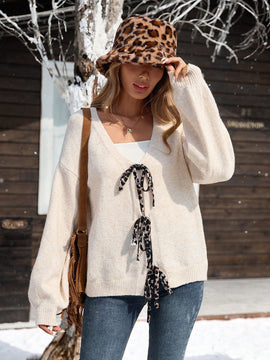 Vcay cardigan estampado de leopardo con nudo delantero en cuello en v vintage para mujer, uso casual de vacaciones, otono/invierno