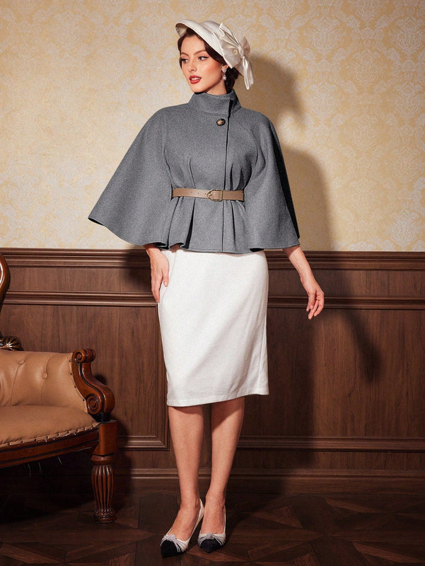 Vintamour abrigo capa elegante con cuello de pie de unicolor para mujer, para otono/invierno