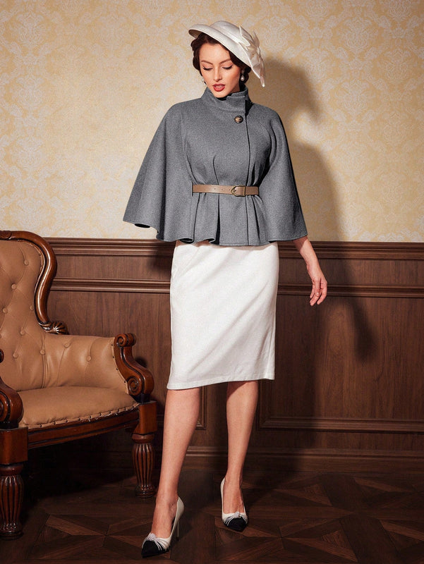 Vintamour abrigo capa elegante con cuello de pie de unicolor para mujer, para otono/invierno