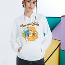 Adventure time x  sudadera con capucha suelta de mujer con bolsillo tipo canguro, estampado de dibujos animados y letras, y hombros caidos