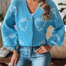 Sueteres con botones para mujer, estilo casual y ligero, con estampado fantasma, mangas largas, cardigan de punto, ropa de punto calida para uso diario