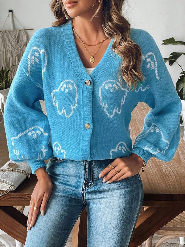 Sueteres con botones para mujer, estilo casual y ligero, con estampado fantasma, mangas largas, cardigan de punto, ropa de punto calida para uso diario