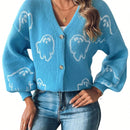 Sueteres con botones para mujer, estilo casual y ligero, con estampado fantasma, mangas largas, cardigan de punto, ropa de punto calida para uso diario