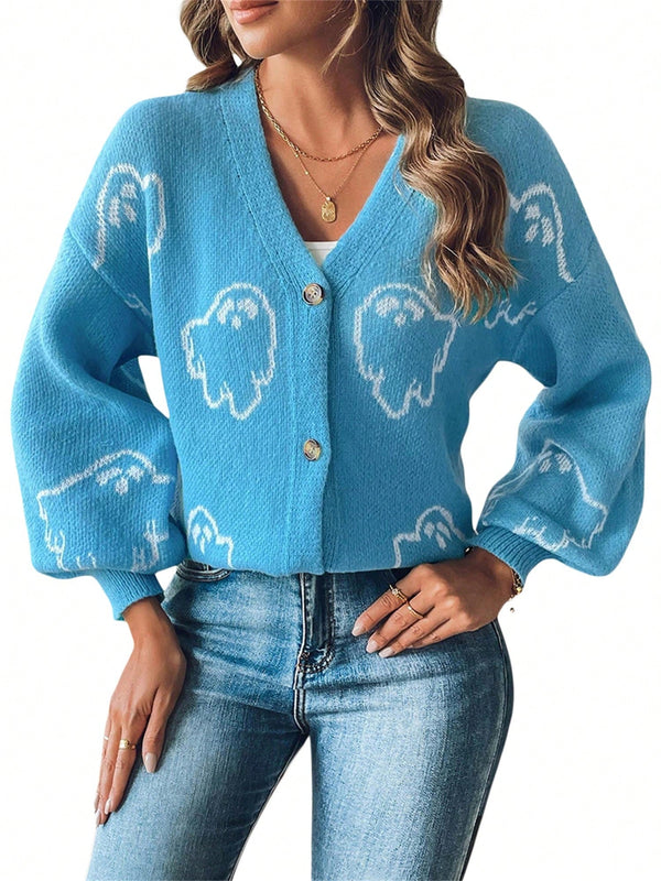 Sueteres con botones para mujer, estilo casual y ligero, con estampado fantasma, mangas largas, cardigan de punto, ropa de punto calida para uso diario