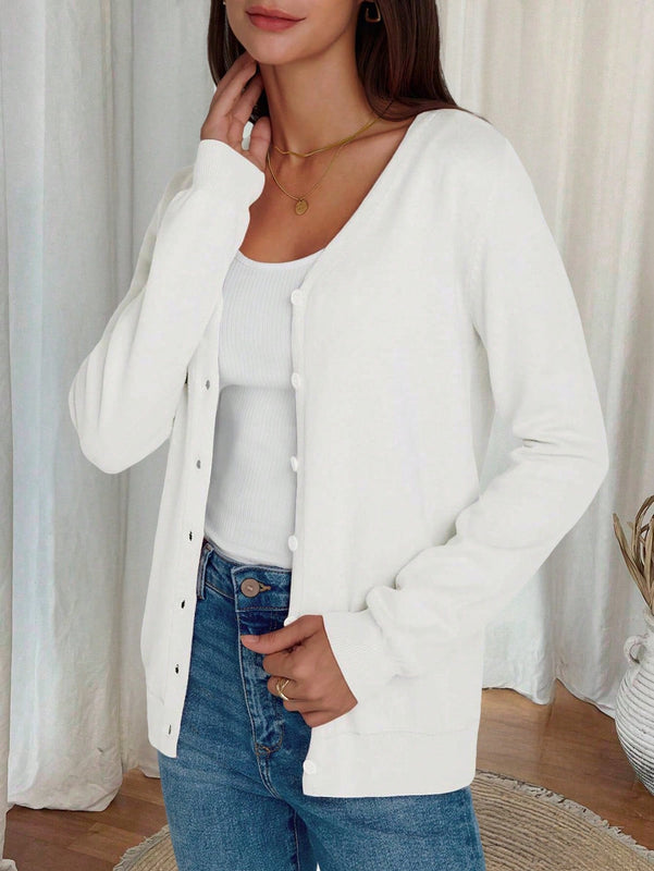 Sueter tipo cardigan de punto de manga larga para mujer, basico, cuello en v, botones, prendas de punto, tops de invierno
