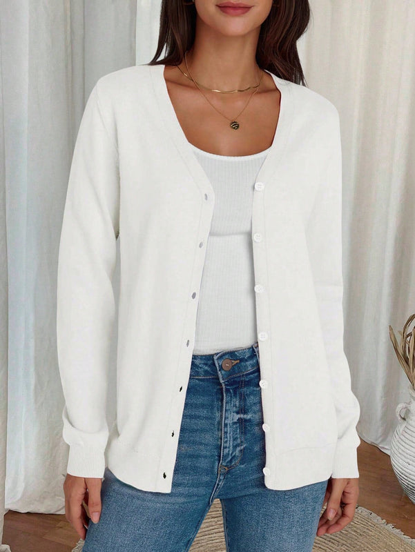 Sueter tipo cardigan de punto de manga larga para mujer, basico, cuello en v, botones, prendas de punto, tops de invierno