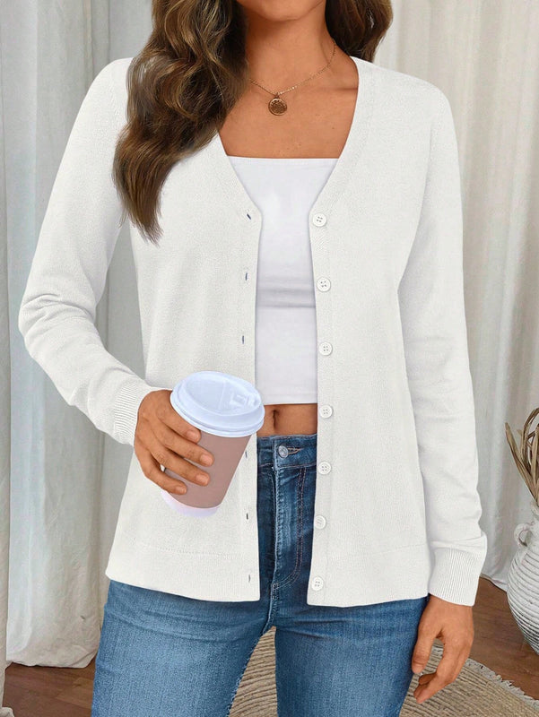 Sueter tipo cardigan de punto de manga larga para mujer, basico, cuello en v, botones, prendas de punto, tops de invierno