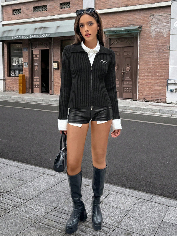 Pariaura nueva llegada chaqueta de cardigan con lazo tejida elegante y de moda con ajuste cenido para mujer, otono/invierno