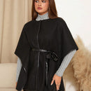 Clasi chaqueta con estilo de capa de cuello redondo y manga media, hecha de mezcla de lana, abrigo de mujer para otono/invierno, abrigo negro de invierno para mujer