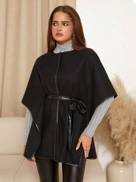 Clasi chaqueta con estilo de capa de cuello redondo y manga media, hecha de mezcla de lana, abrigo de mujer para otono/invierno, abrigo negro de invierno para mujer
