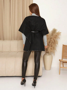 Clasi chaqueta con estilo de capa de cuello redondo y manga media, hecha de mezcla de lana, abrigo de mujer para otono/invierno, abrigo negro de invierno para mujer