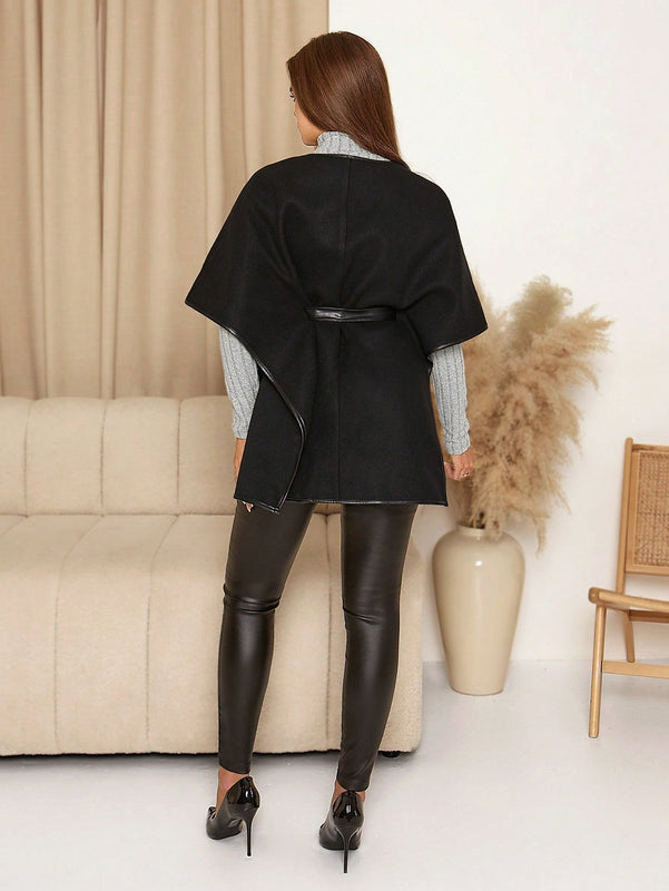 Clasi chaqueta con estilo de capa de cuello redondo y manga media, hecha de mezcla de lana, abrigo de mujer para otono/invierno, abrigo negro de invierno para mujer