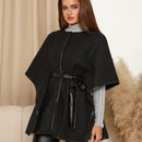 Clasi chaqueta con estilo de capa de cuello redondo y manga media, hecha de mezcla de lana, abrigo de mujer para otono/invierno, abrigo negro de invierno para mujer