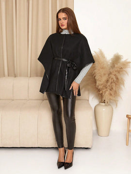 Clasi chaqueta con estilo de capa de cuello redondo y manga media, hecha de mezcla de lana, abrigo de mujer para otono/invierno, abrigo negro de invierno para mujer