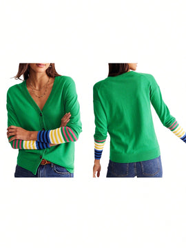 Cardigan a rayas para mujer con cuello en v, manga larga y abotonado, tops de punto para otono y ropa urbana