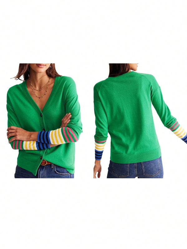Cardigan a rayas para mujer con cuello en v, manga larga y abotonado, tops de punto para otono y ropa urbana