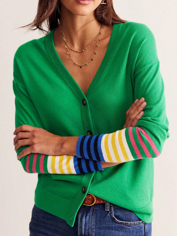 Cardigan a rayas para mujer con cuello en v, manga larga y abotonado, tops de punto para otono y ropa urbana