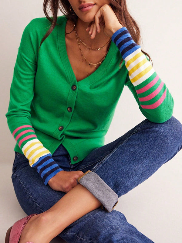Cardigan a rayas para mujer con cuello en v, manga larga y abotonado, tops de punto para otono y ropa urbana