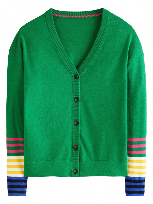 Cardigan a rayas para mujer con cuello en v, manga larga y abotonado, tops de punto para otono y ropa urbana