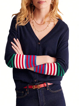 Cardigan a rayas para mujer con cuello en v, manga larga y abotonado, tops de punto para otono y ropa urbana