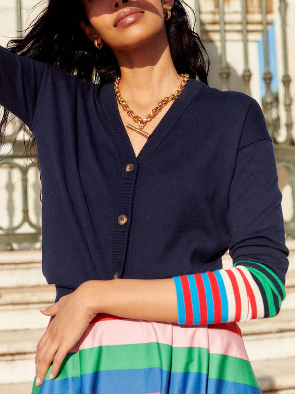 Cardigan a rayas para mujer con cuello en v, manga larga y abotonado, tops de punto para otono y ropa urbana