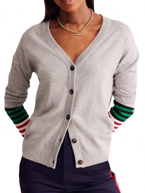 Cardigan a rayas para mujer con cuello en v, manga larga y abotonado, tops de punto para otono y ropa urbana