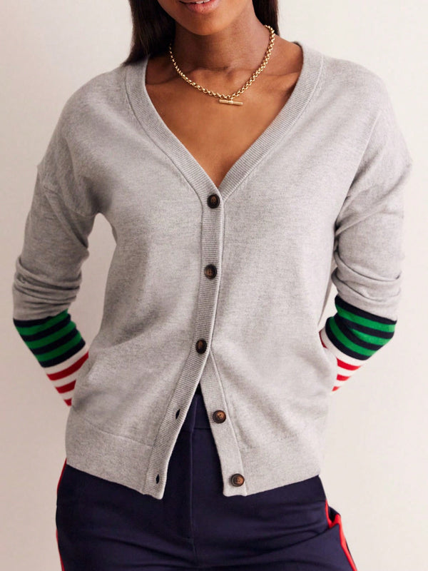 Cardigan a rayas para mujer con cuello en v, manga larga y abotonado, tops de punto para otono y ropa urbana