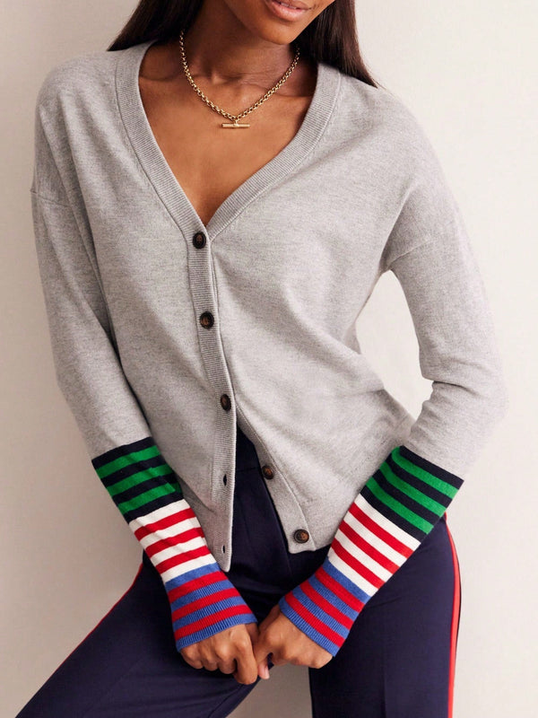 Cardigan a rayas para mujer con cuello en v, manga larga y abotonado, tops de punto para otono y ropa urbana