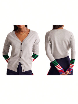 Cardigan a rayas para mujer con cuello en v, manga larga y abotonado, tops de punto para otono y ropa urbana