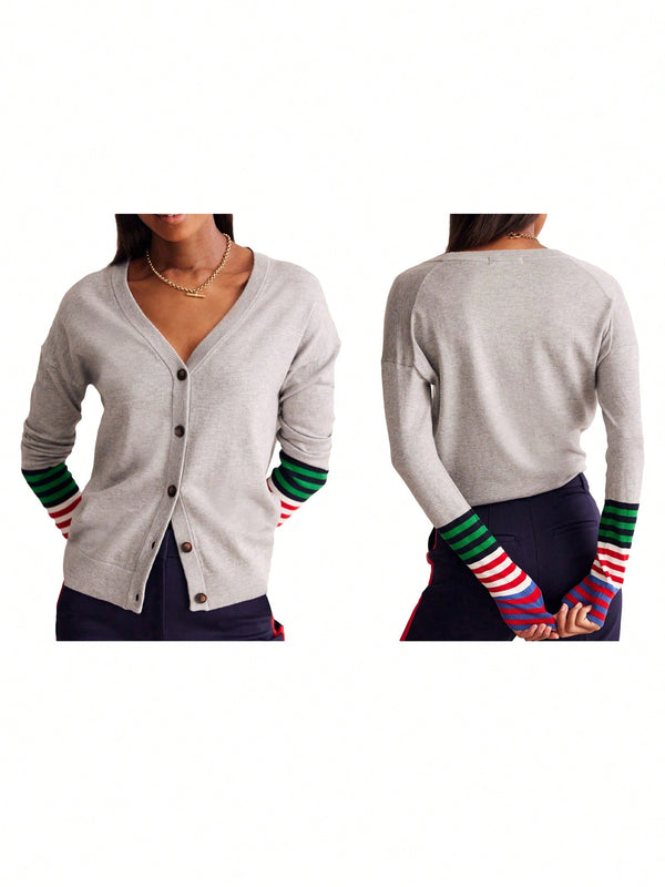 Cardigan a rayas para mujer con cuello en v, manga larga y abotonado, tops de punto para otono y ropa urbana