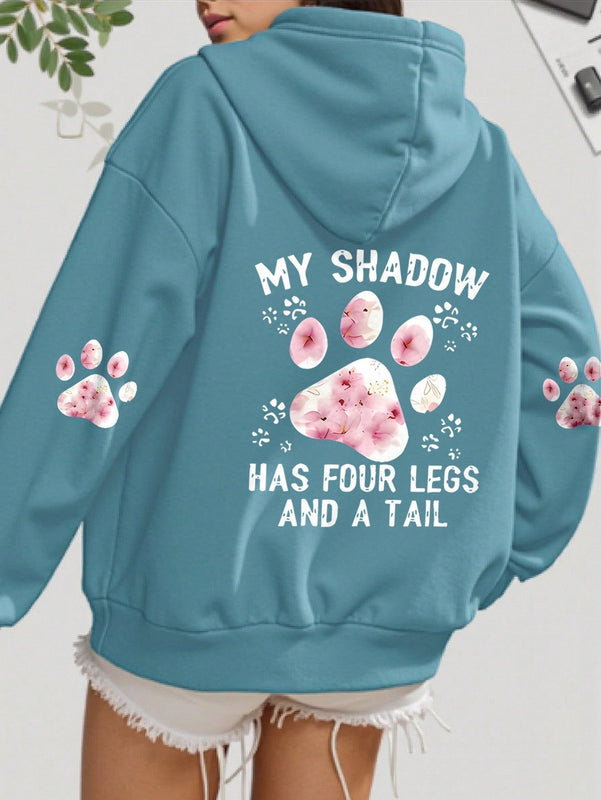 Lune sudadera con capucha informal para mujer con estampado de letra y pata de perro, para otono/invierno