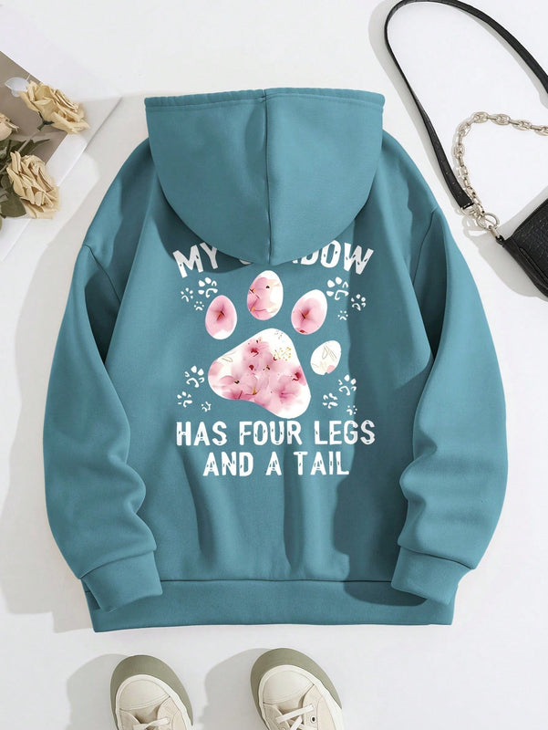 Lune sudadera con capucha informal para mujer con estampado de letra y pata de perro, para otono/invierno