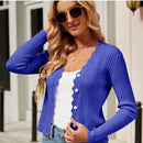 Cardigan de punto corto versatil para mujer: sueter con cuello en v festoneado y mangas largas, abotonado para todas las estaciones, perfecto para el trabajo, reuniones y viajes
