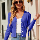 Cardigan de punto corto versatil para mujer: sueter con cuello en v festoneado y mangas largas, abotonado para todas las estaciones, perfecto para el trabajo, reuniones y viajes