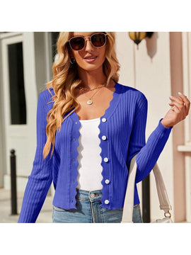 Cardigan de punto corto versatil para mujer: sueter con cuello en v festoneado y mangas largas, abotonado para todas las estaciones, perfecto para el trabajo, reuniones y viajes