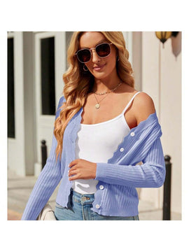 Cardigan de punto corto versatil para mujer: sueter con cuello en v festoneado y mangas largas, abotonado para todas las estaciones, perfecto para el trabajo, reuniones y viajes