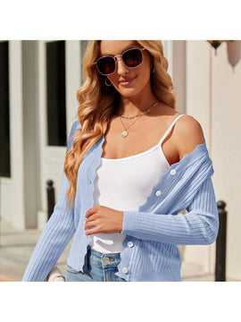 Cardigan de punto corto versatil para mujer: sueter con cuello en v festoneado y mangas largas, abotonado para todas las estaciones, perfecto para el trabajo, reuniones y viajes