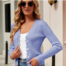 Cardigan de punto corto versatil para mujer: sueter con cuello en v festoneado y mangas largas, abotonado para todas las estaciones, perfecto para el trabajo, reuniones y viajes