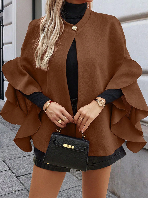 Clasi chaqueta de lana elegante con volantes y parches de un solo abotonado de unicolor para mujer, para otono/invierno