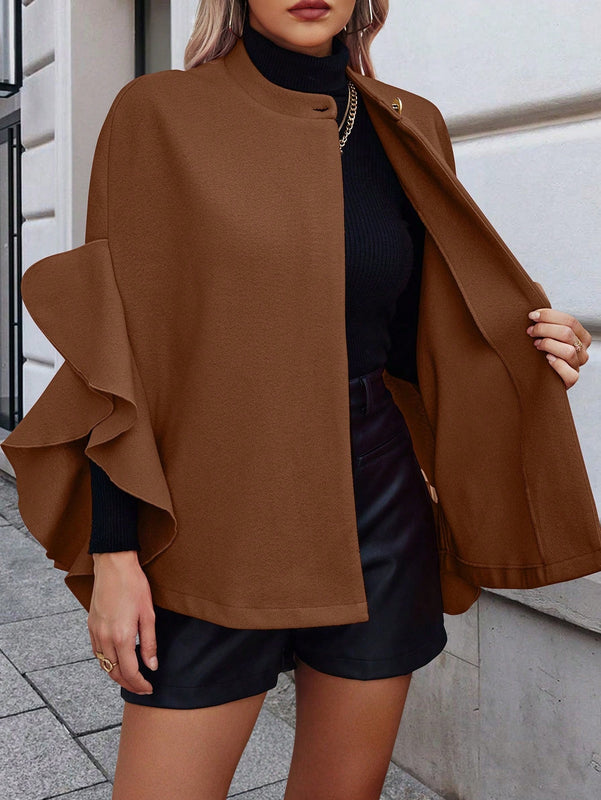 Clasi 1 pieza abrigo elegante de lana con un solo abotonadura, bajo con volantes y unicolor para mujer, otono/invierno