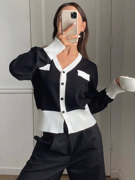 Dazy cardigan casual y elegante de mujer con ribete de contraste en escote en v, manga larga, para otono/invierno
