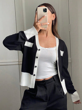 Dazy cardigan casual y elegante de mujer con ribete de contraste en escote en v, manga larga, para otono/invierno