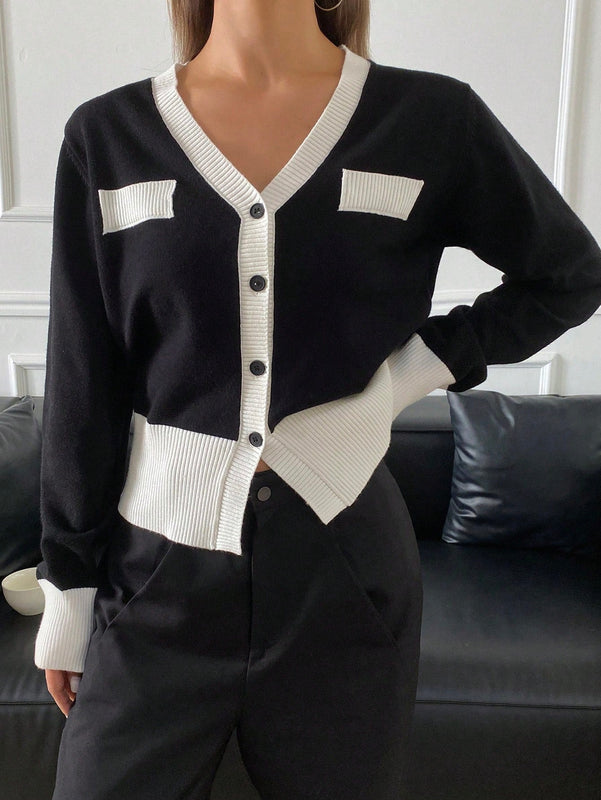 Dazy cardigan casual y elegante de mujer con ribete de contraste en escote en v, manga larga, para otono/invierno